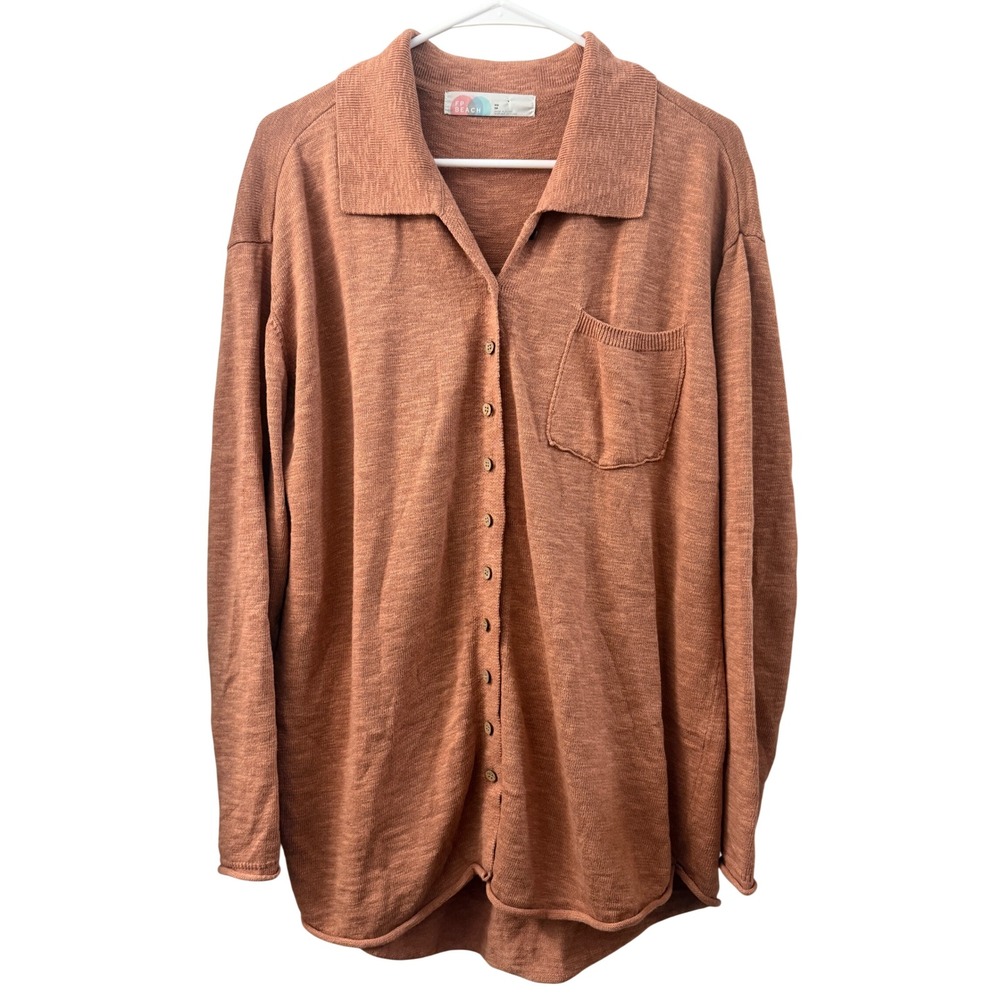 Free People Beach XS Terracotta Cotton Linen Button Down Polo Cardigan Sweater